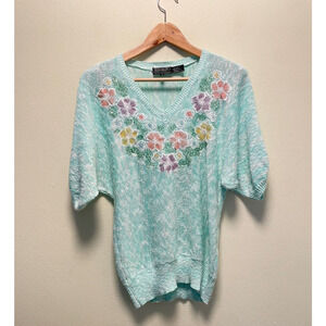 Vintage Womens Top Size Small Blue Knit Floral Embroidered Cottagecore Fairy 80s